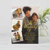 4 Foto Collage Gouden Script QR Code Trouwkaart Kaart (Staand voorkant)