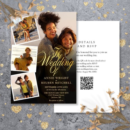 4 Foto Collage Gouden Script QR Code Trouwkaart Kaart