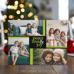 4 Foto collage green black Peace Love Joy Feestdagenkaart<br><div class="desc">Vrede - Liefde - Joy - Moge uw dagen vrolijk en helder zijn. Voeg uw persoonlijke gegevens toe om een aangepast kerstdesigner briefkaart te maken. FOTO TIP: Als u uw afbeeldingen uploadt en ze niet passen, klikt u op de knop AANPASSEN. Het zou een beetje geduld kunnen vergen, maar u...</div>