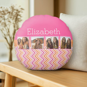 4 Foto Collage Heet Roze Oranje Chevrons Rond Kussen