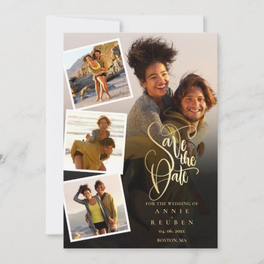 4 foto collage Huwelijk Gouden Script Save The Date (Voorkant)