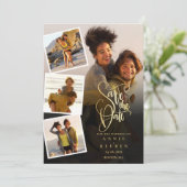 4 foto collage Huwelijk Gouden Script Save The Date (Staand voorkant)
