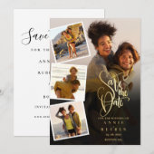 4 foto collage Huwelijk Gouden Script Save The Date (Voorkant / Achterkant)