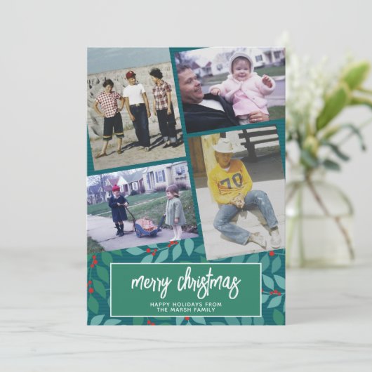 4 Foto-collage - Merry kerst botanisch groen Feestdagenkaart (Staand voorkant)