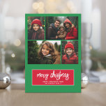 4 Foto-collage - Merry Kerstbotanical Red Feestdagenkaart<br><div class="desc">Voeg familiefoto's toe aan dit elegante en trendy ontwerp. Dit kan voor elke kerstgroet worden gebruikt - prettige feestdagen, seizoensgroeten en nog veel meer. De voorzijde omvat 4 foto's in een modern collage met een trendy manuscriptdoopvont. De achterkant bevat een modern botanisch patroon in rode en groene tinten. De achtergrondkleur...</div>