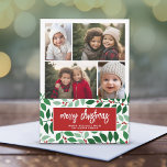 4 Foto-collage - Merry Kerstbotanical Red Feestdagenkaart<br><div class="desc">Voeg familiefoto's toe aan dit elegante en trendy ontwerp. Dit kan voor elke kerstgroet worden gebruikt - prettige feestdagen, seizoensgroeten en nog veel meer. De voorzijde omvat 4 foto's in een modern collage met een trendy manuscriptdoopvont. De achterkant bevat een modern botanisch patroon in rode en groene tinten. De witte...</div>