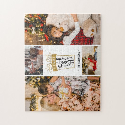 4 Foto Collage Merry kerstcadeau Aangepaste naam Legpuzzel (Verticaal)