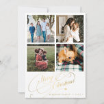 4 foto-collage Merry Kerstelegant script Feestdagenkaart<br><div class="desc">Elegant stijlvol Merry kerstnamefaux gouden klassiek kalligrafiescript vier vierkante familiefoto's eenvoudige witte feestkaart met aan beide zijden aangepaste tekst. GELIEVE OPMERKING TE MAKEN dat de achtergrondkleur bewerkbaar is. U kunt het veranderen nadat u de optie AANPASSEN onder het PERSONALIZE IT-menu hebt geselecteerd. Als u zich niet gemakkelijk voelt veranderend het,...</div>