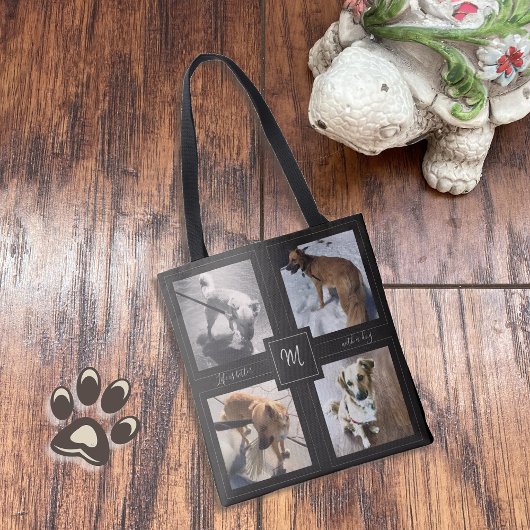 4 Foto collage met Dog Quote Black Canvas tas