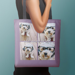 4 foto collage met handgeschreven naam - paars crossbody tas