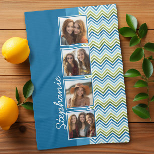 4 foto collage met kleurrijke chevrons theedoek