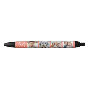 4 foto collage met monogram initiaal - Koraal Zwarte Inkt Pen