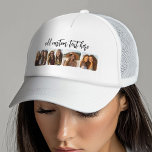 4 Foto Collage met trendy bounce script - wit Trucker Pet<br><div class="desc">Het vierkant van het gebruik bebouwde foto's voor beste resultaten. Deze vier foto's van een modern raster met een collage en afgeronde hoeken. Voeg uw favoriete afbeeldingen toe aan deze filmstrip voor een leuke geheugenhouder. Een artistieke manier om je beste foto's te tonen die foto's delen.</div>