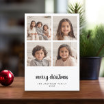 4 Foto Collage Minimale Kerstakerzwart met vier ke Feestdagenkaart<br><div class="desc">zwart-wit halfmaan Patroon op de rug - Een eenvoudige,  minimalistische vakantiegroet met 4 vierkante foto's en moderne kalligrafie. Snijd uw foto's in vierkanten voordat u uploadt.</div>