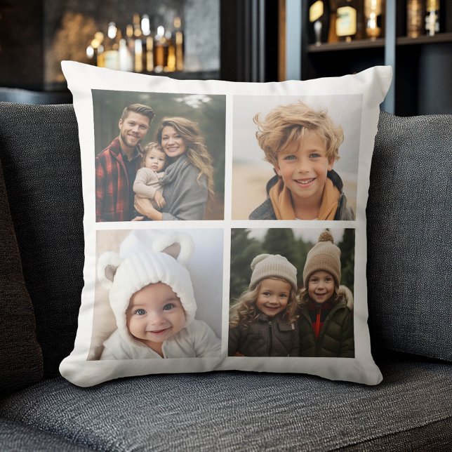 4 Foto Collage - Modern, Minimaal Wit Kussen (Custom Photo Collage Pillow)