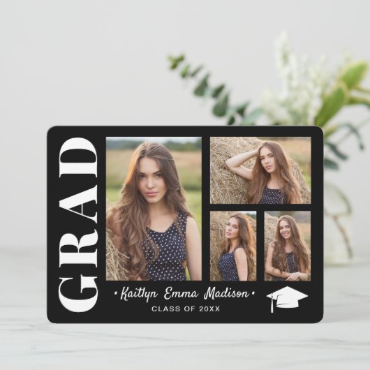 4 Foto Collage Modern Script Black & White Afstude Aankondiging (Staand voorkant)