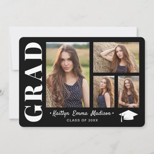 4 Foto Collage Modern Script Black & White Afstude Aankondiging (Voorkant)