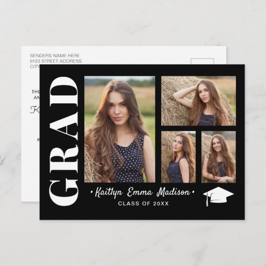 4 Foto Collage Modern Script Black & White Afstude Briefkaart (Voorkant / Achterkant)