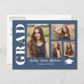 4 Foto Collage Modern Script Dusty Blue Afstudeerd Briefkaart (Voorkant / Achterkant)