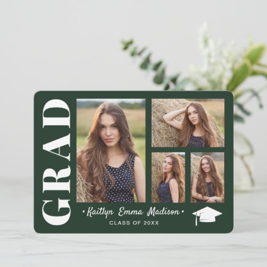 4 Foto Collage Modern Script Green Afstudeerder Aankondiging (Staand voorkant)