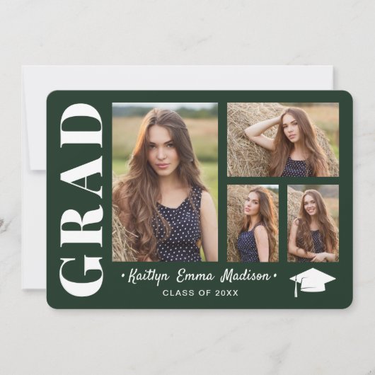 4 Foto Collage Modern Script Green Afstudeerder Aankondiging (Voorkant)