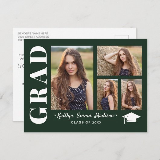 4 Foto Collage Modern Script Green Afstudeerder Briefkaart (Voorkant / Achterkant)