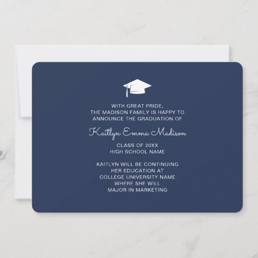 4 Foto Collage Modern Script Navy Blue Afstudeerde Aankondiging (Achterkant)