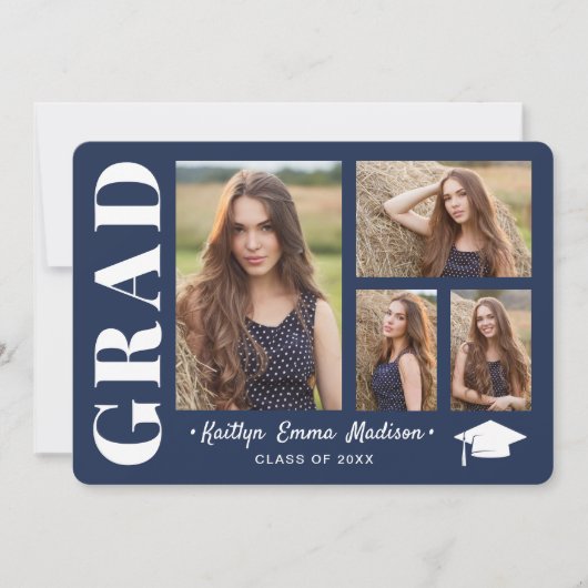 4 Foto Collage Modern Script Navy Blue Afstudeerde Aankondiging (Voorkant)