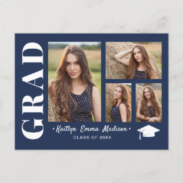 4 Foto Collage Modern Script Navy Blue Afstudeerde Briefkaart