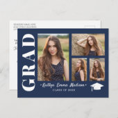 4 Foto Collage Modern Script Navy Blue Afstudeerde Briefkaart (Voorkant / Achterkant)