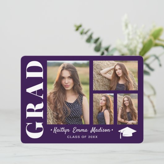 4 Foto Collage Modern Script Paars Afstudeerder Aankondiging (Staand voorkant)