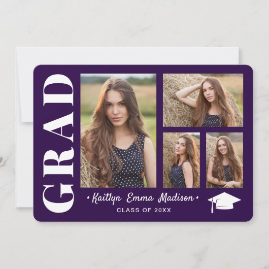4 Foto Collage Modern Script Paars Afstudeerder Aankondiging (Voorkant)