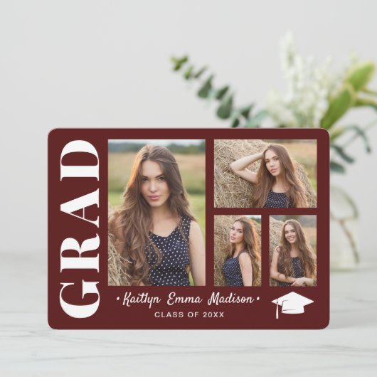 4 Foto Collage Modern Script Red Afstudeerder Aankondiging (Staand voorkant)