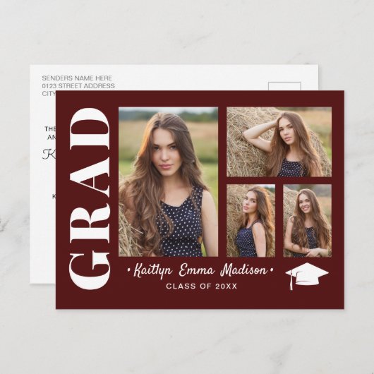 4 Foto Collage Modern Script Red Afstudeerder Briefkaart (Voorkant / Achterkant)