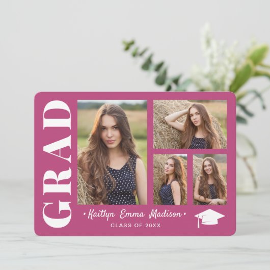4 Foto Collage Modern Script Roze Afstudeerder Aankondiging (Staand voorkant)