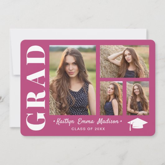 4 Foto Collage Modern Script Roze Afstudeerder Aankondiging (Voorkant)