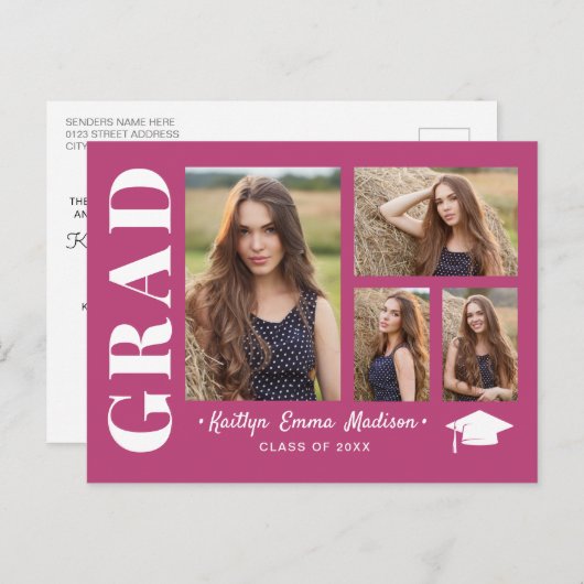 4 Foto Collage Modern Script Roze Afstudeerder Bri Briefkaart (Voorkant / Achterkant)