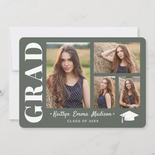 4 Foto Collage Modern Script Sage Green Afstudeerd Aankondiging (Voorkant)
