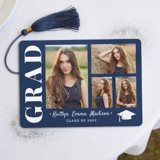 4 Foto Collage Moderne Script Navy Blauwer Afstude Aankondiging