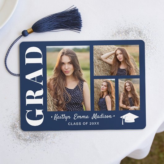 4 Foto Collage Moderne Script Navy Blauwer Afstude Aankondiging