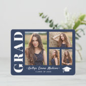 4 Foto Collage Moderne Script Navy Blauwer Afstude Aankondiging (Staand voorkant)