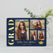 4 Foto Collage Navy Blue & Gold Foil Afstudeerder  Folie Uitnodiging (Staand Voorkant)