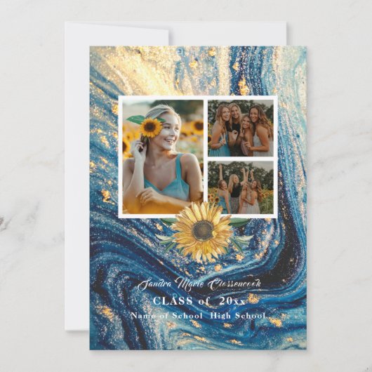 4 Foto Collage Navy Blue Sunflower afstuderen Aankondiging (Voorkant)