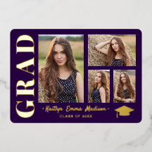 4 foto collage paars & goud folie afstudeerkaart