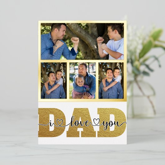 4 Foto Collage Papa Kinderen Foto's Ik Hou van Jou Folie Feestdagenkaart (Staand Voorkant)