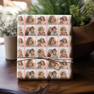 4 Foto Collage Patroon met Koraalrode Achtergrond Cadeaupapier