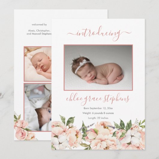 4 Foto Collage Peonies Floral Girl Announce Aankondiging (Voorkant / Achterkant)