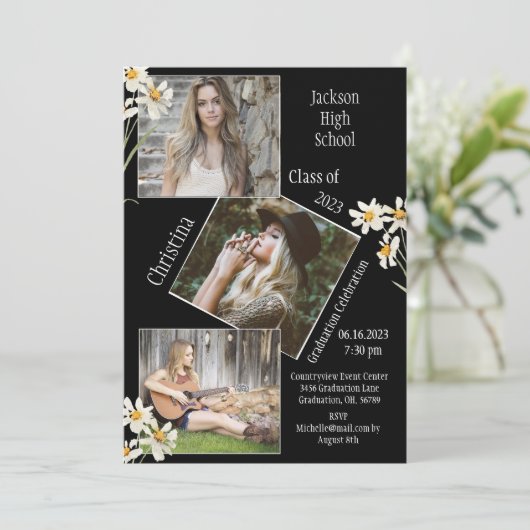 4 Foto Collage Personalized Daisy Afstuderen Aankondiging (Staand voorkant)