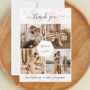 4 Foto Collage Roze Bloemen Bruiloft Dank u Bedankkaart