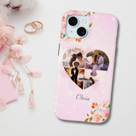 4 Foto Collage Roze Bloemen Puzzel Hart Custom iPhone 15 Case